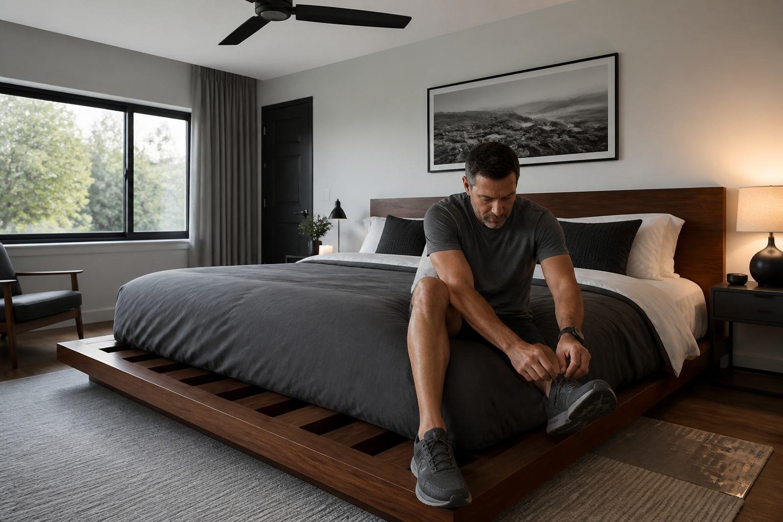 Man sitting on a king mattress on a walnut platform with visible slats
