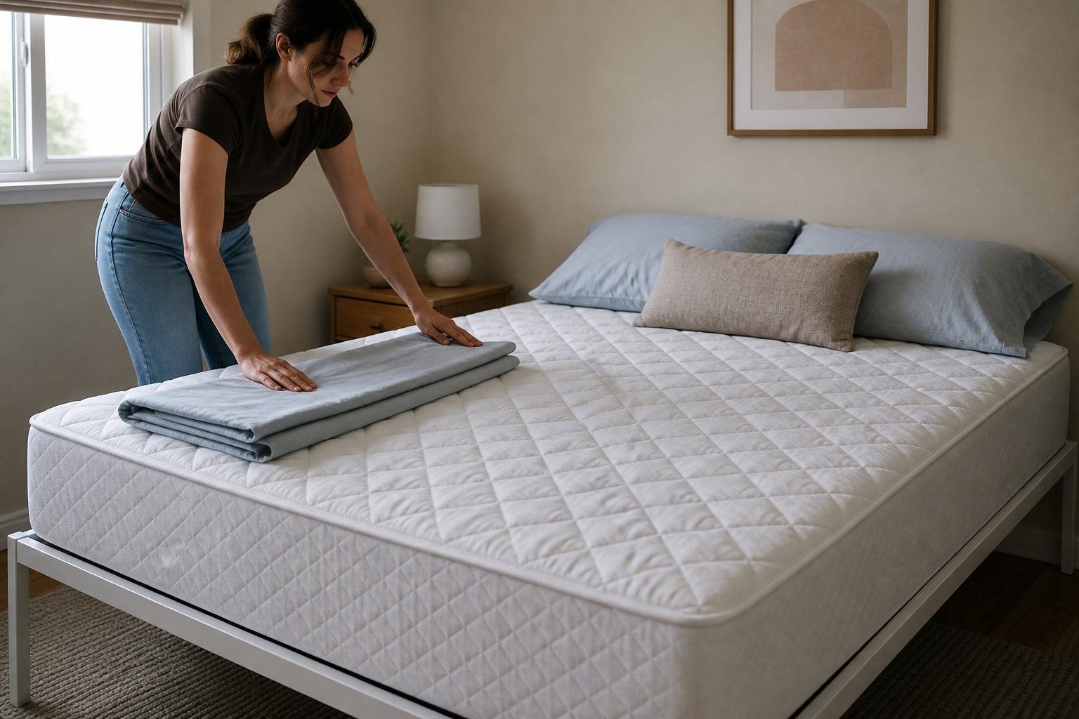 Woman making an affordable queen bed with a protector and percale sheets