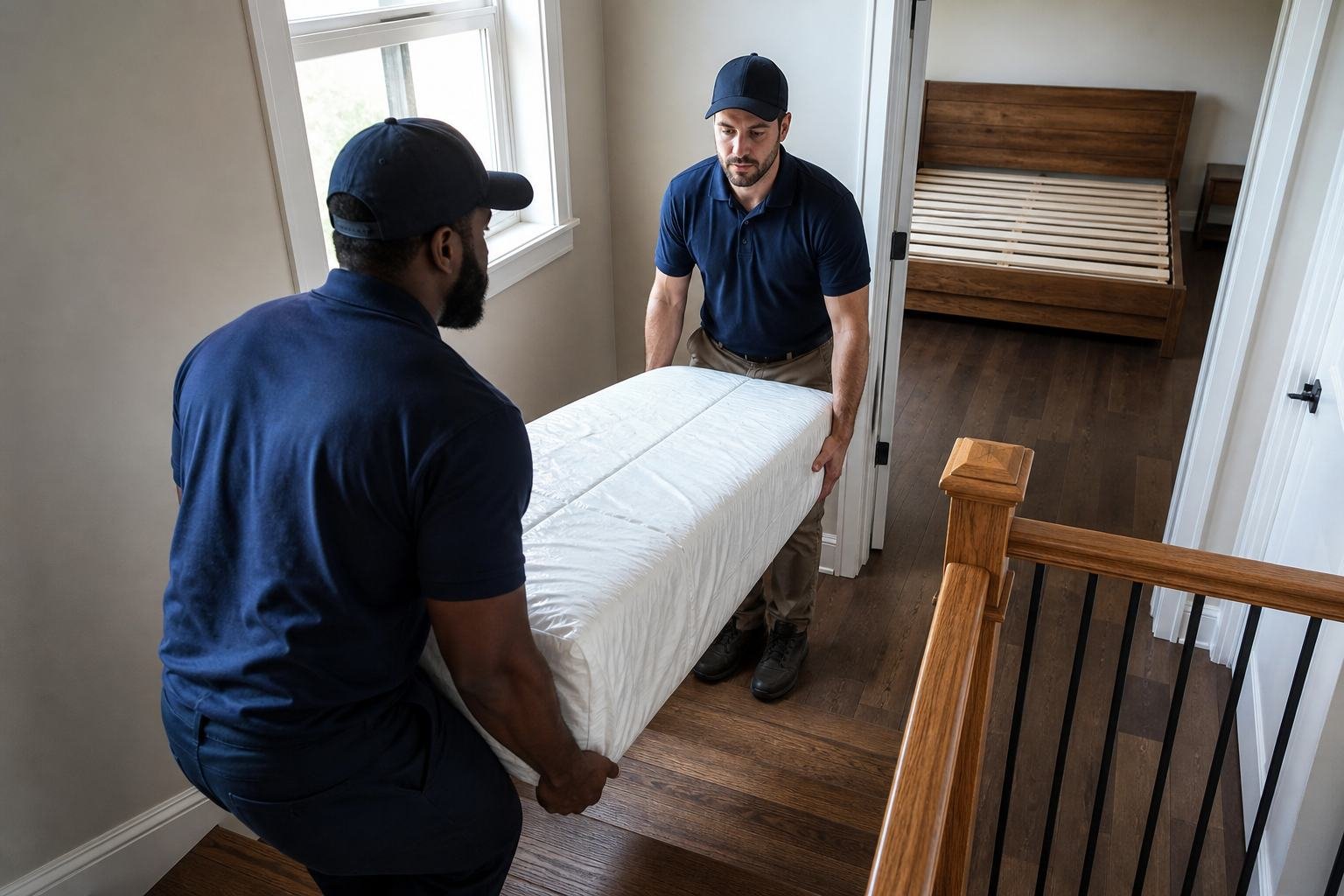 Delivery crew carrying a boxed king mattress up stairs toward an empty king platform