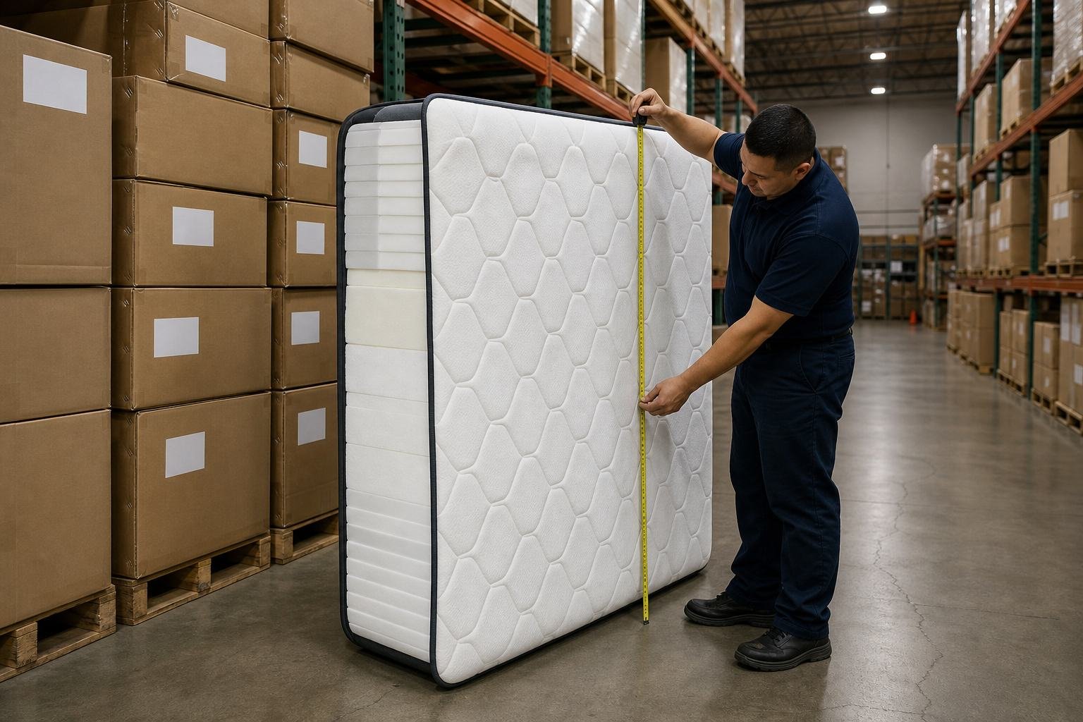 Warehouse worker measuring a standing queen mattress beside boxed inventory