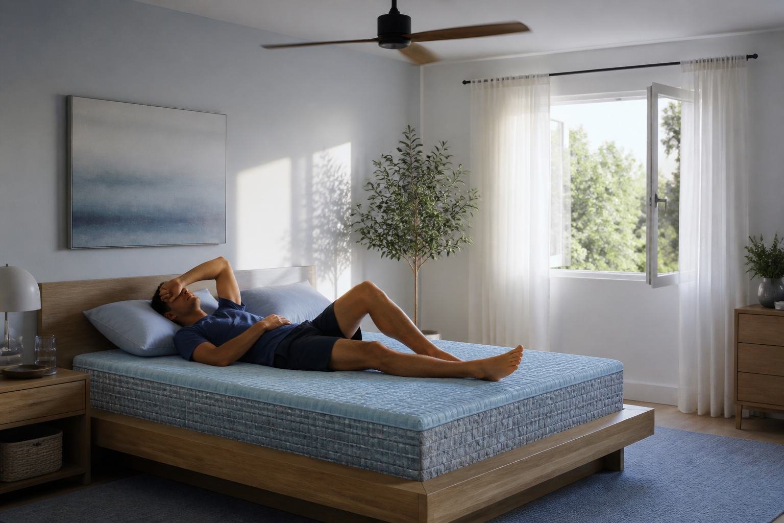 Hot sleeper on a cooling-cover mattress under a ceiling fan