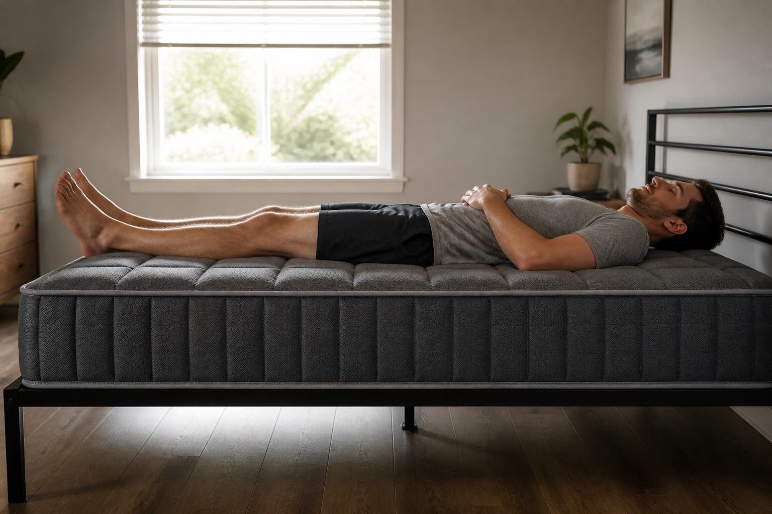 Back sleeper on a firm quilted hybrid mattress, hips not sinking