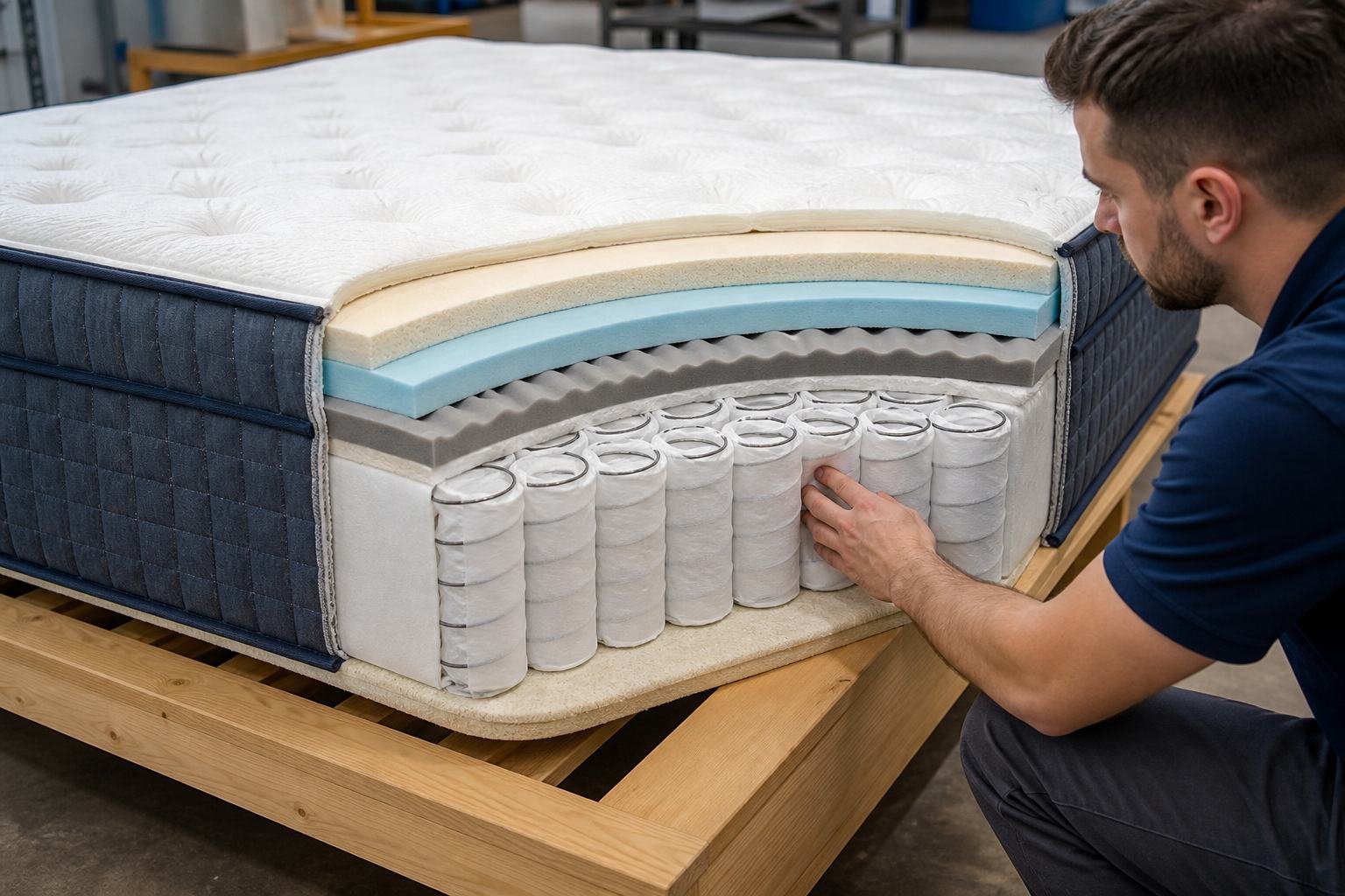 Cutaway hybrid mattress showing pocketed coils and foam layers
