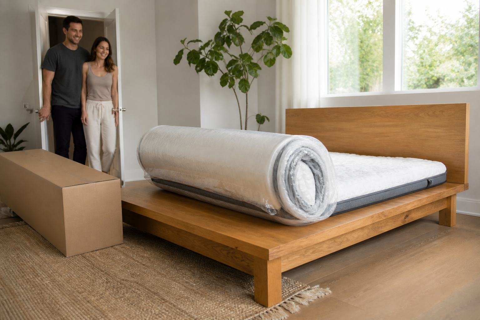 King mattress expanding from a roll onto an oak platform