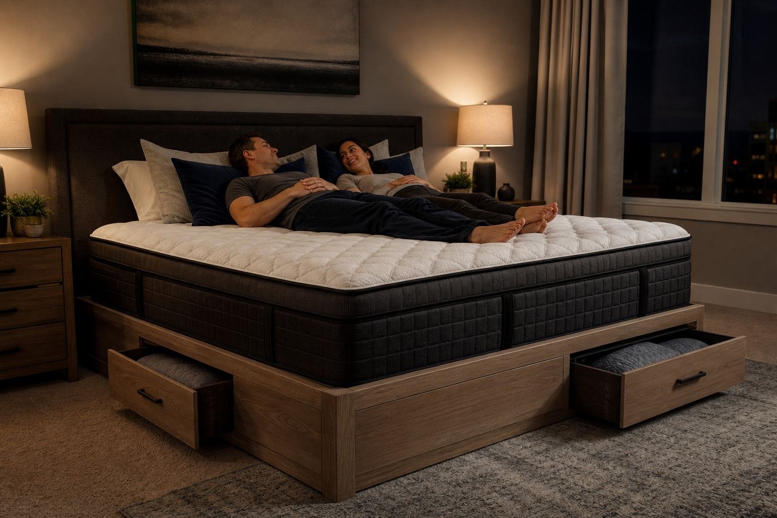 Couple on a king hybrid with storage drawers on the platform