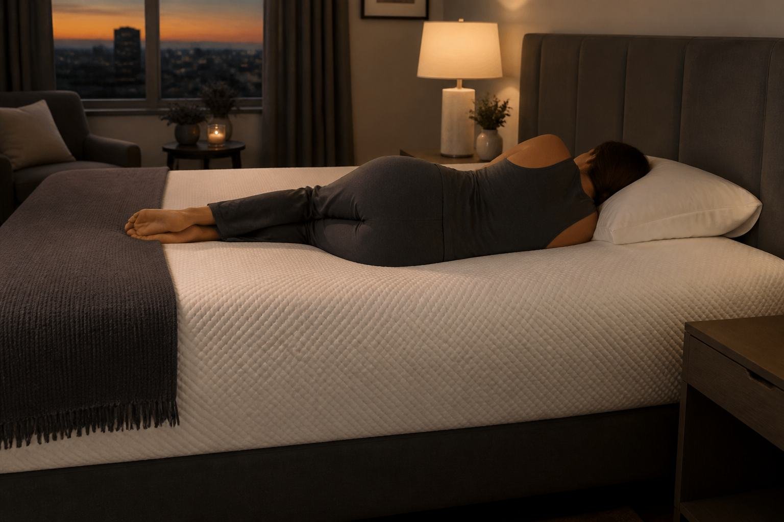 Side sleeper on a king memory foam mattress in a hotel-like bedroom