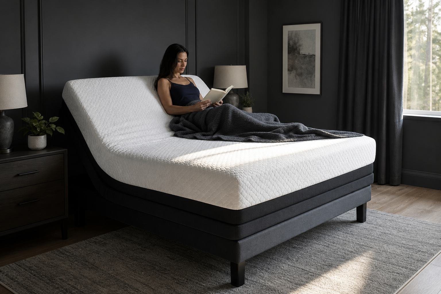 Woman reading on a king mattress on an adjustable base