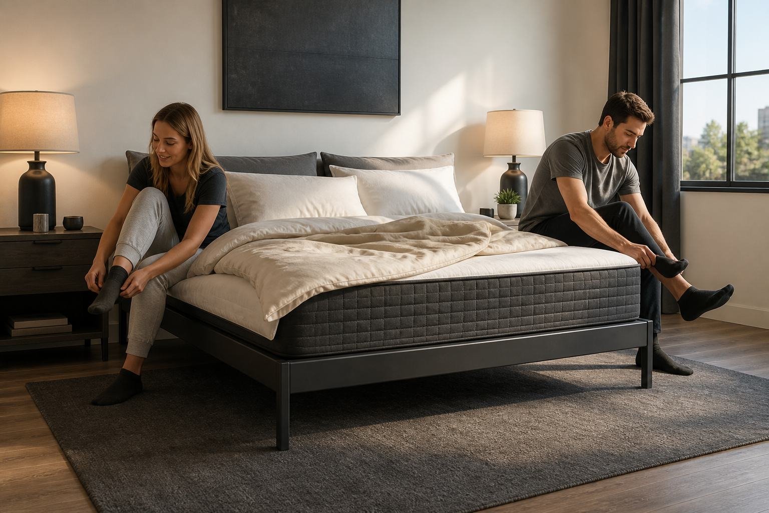 Couple sitting on opposite sides of a king mattress on a steel platform