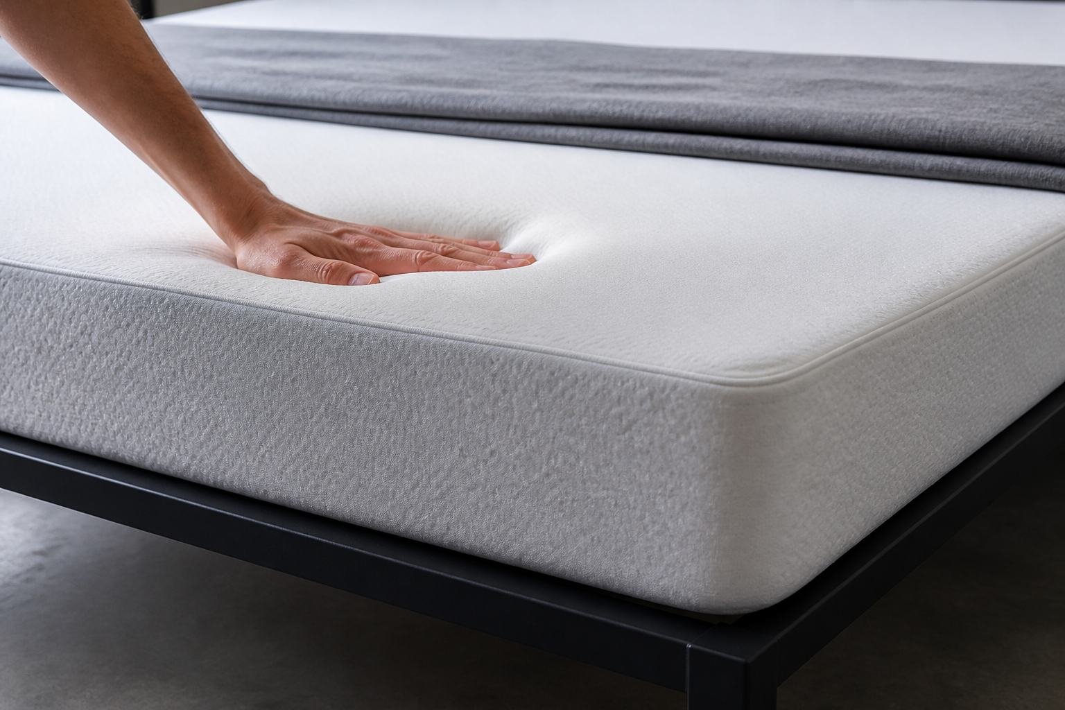 Hand pressing into a white memory foam mattress showing a slow indent
