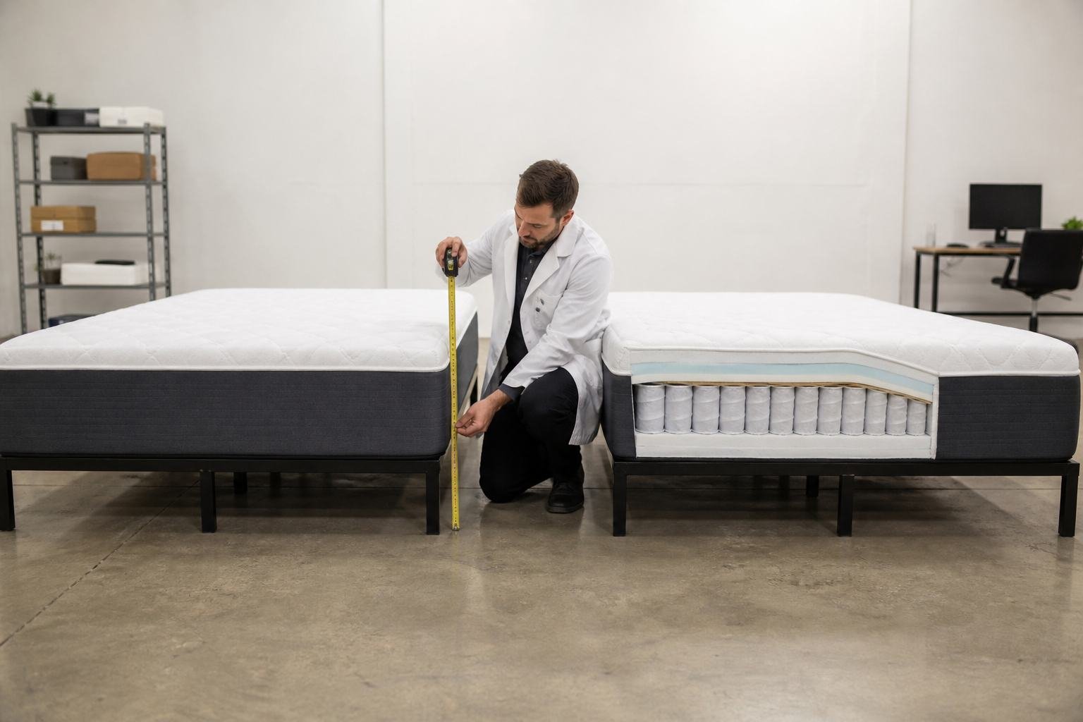 Two queen mattresses compared, hybrid coils visible on one cut corner