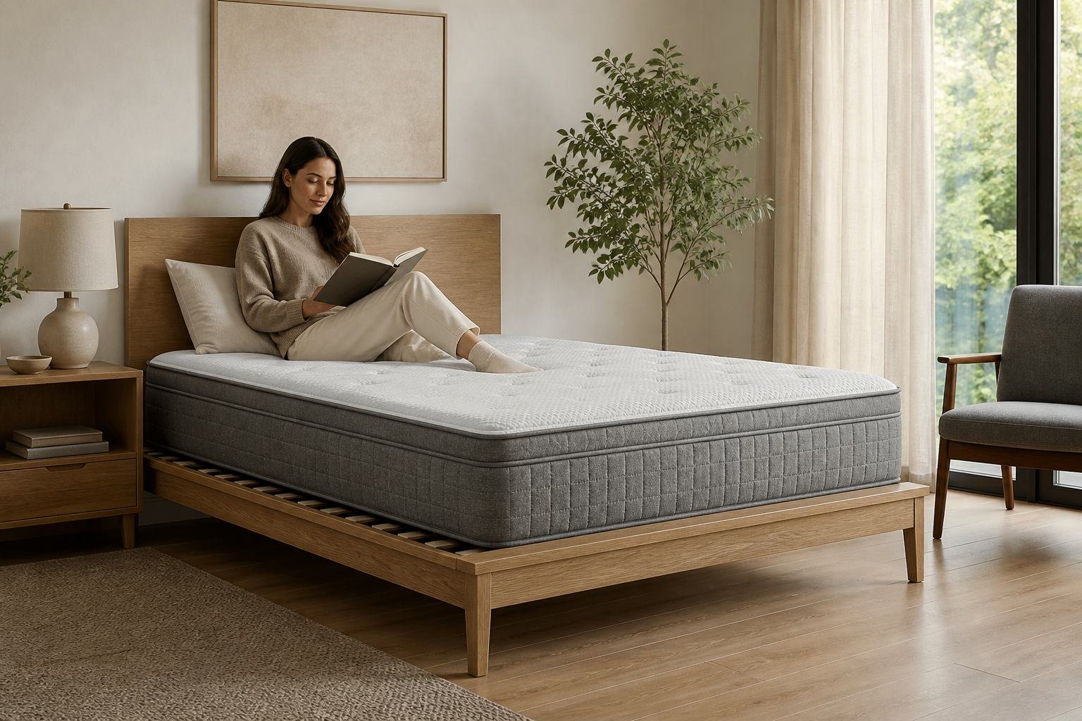 Queen hybrid on a white oak platform with visible slats