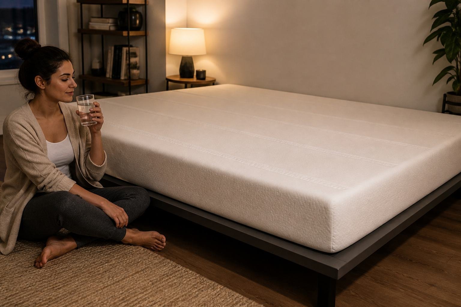 Queen memory foam fully expanded on a platform after unboxing