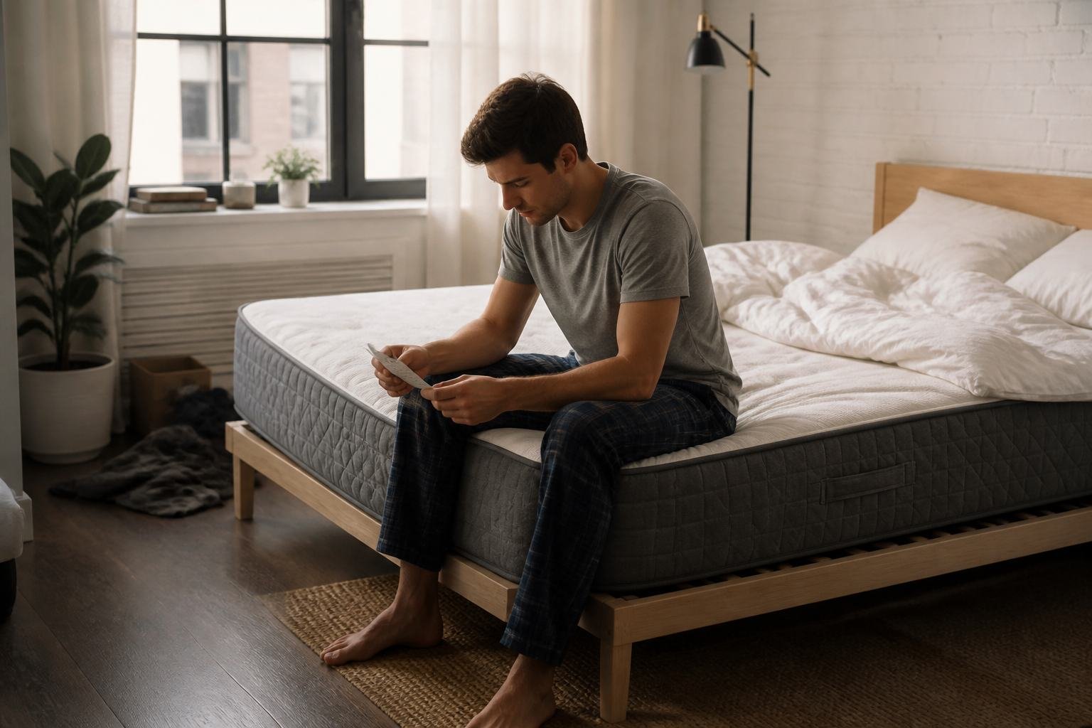 Person sitting on a queen mattress in a small apartment, checking whether the width is really Queen