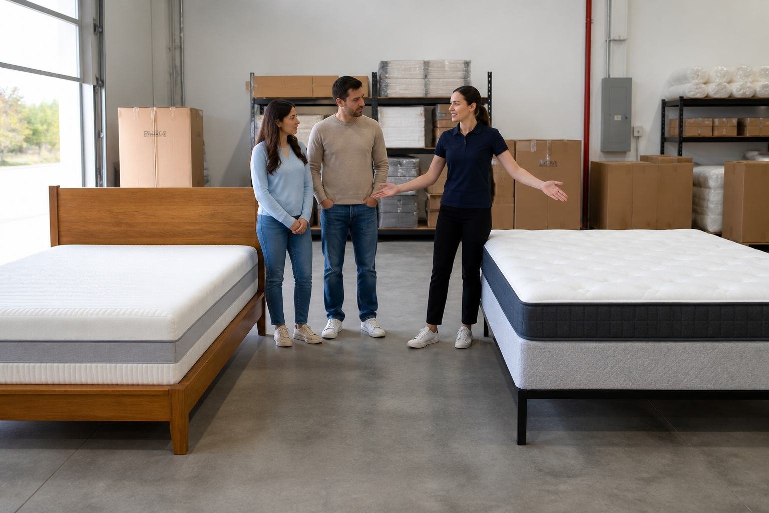 Couple comparing a queen foam mattress and a king hybrid in a warehouse
