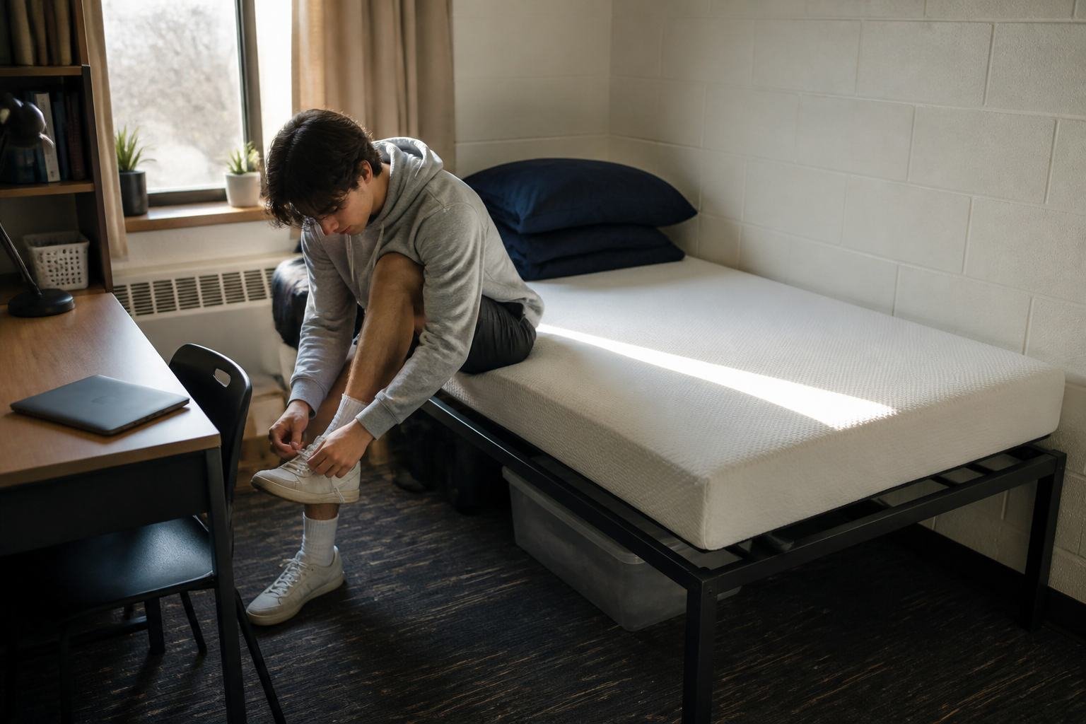 Student sitting on a Twin XL foam mattress in a dorm-style room