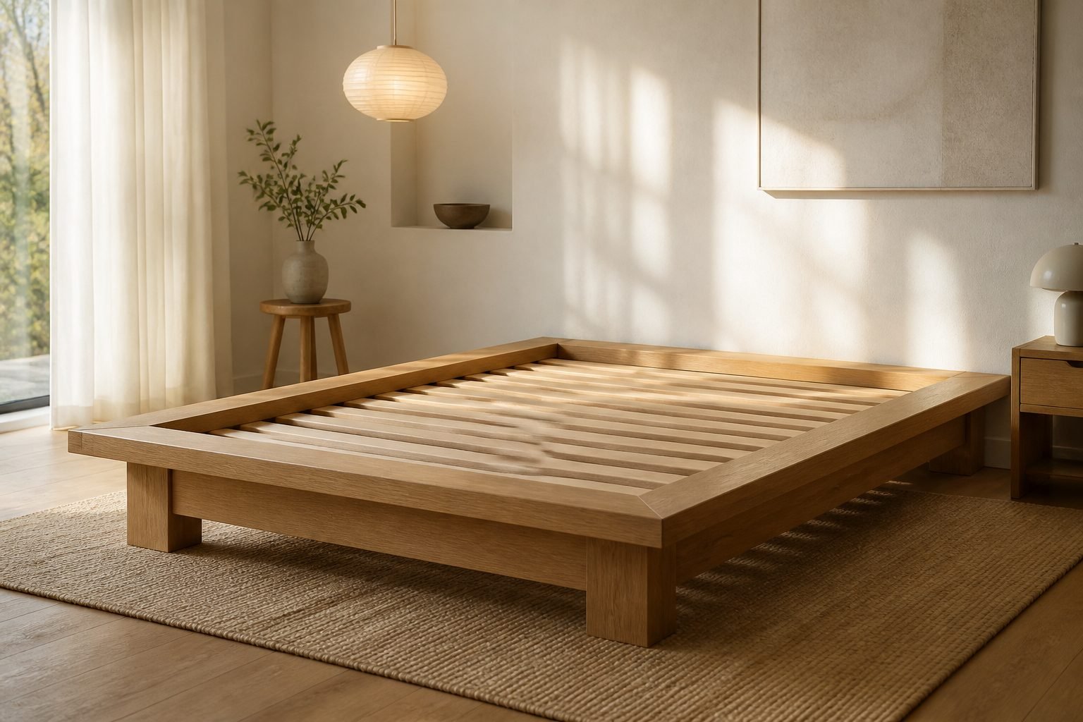 Haven White Oak Platform bed frame with visible slats