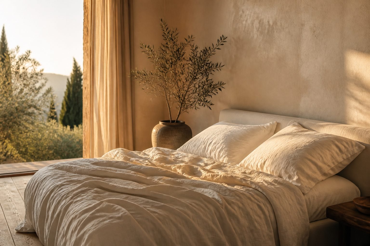 Sheets and pillows on a made bed