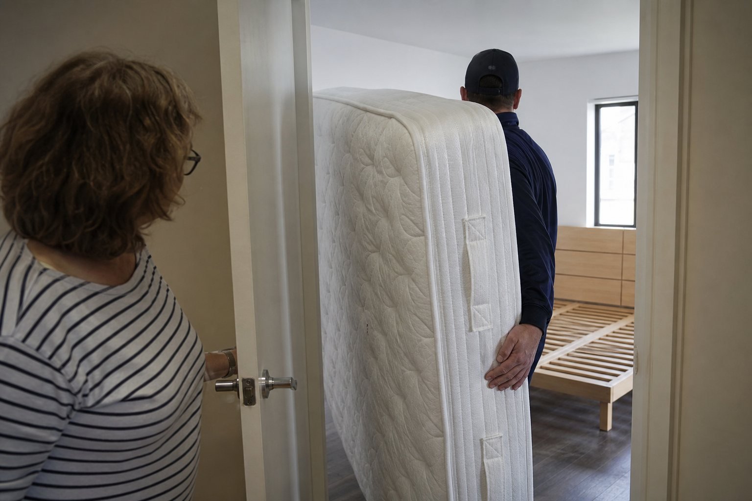 Delivery worker carrying a queen mattress into a home past a wooden platform bed frame
