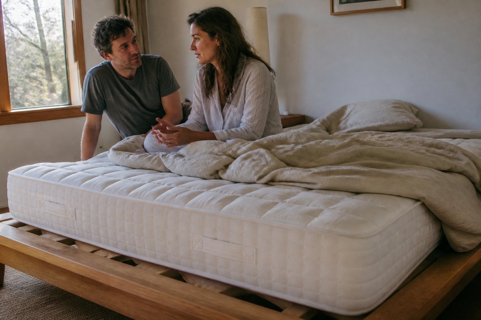 Customers sitting on a queen mattress after delivery