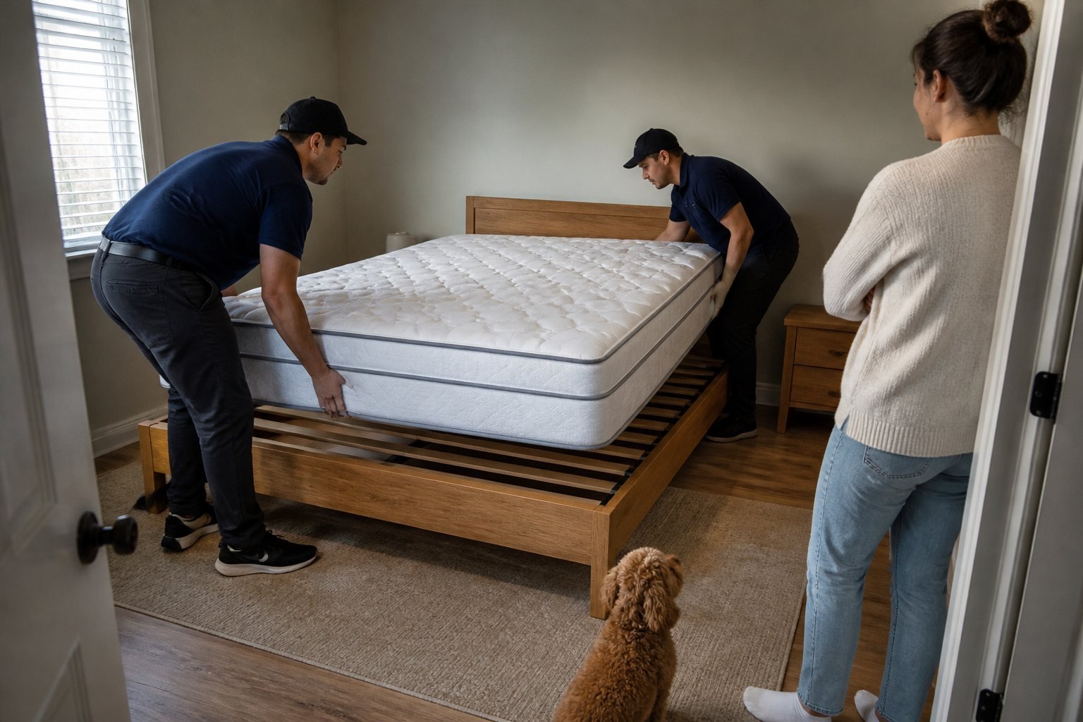 Crew lowering a queen mattress onto a wooden platform bed frame in a bedroom