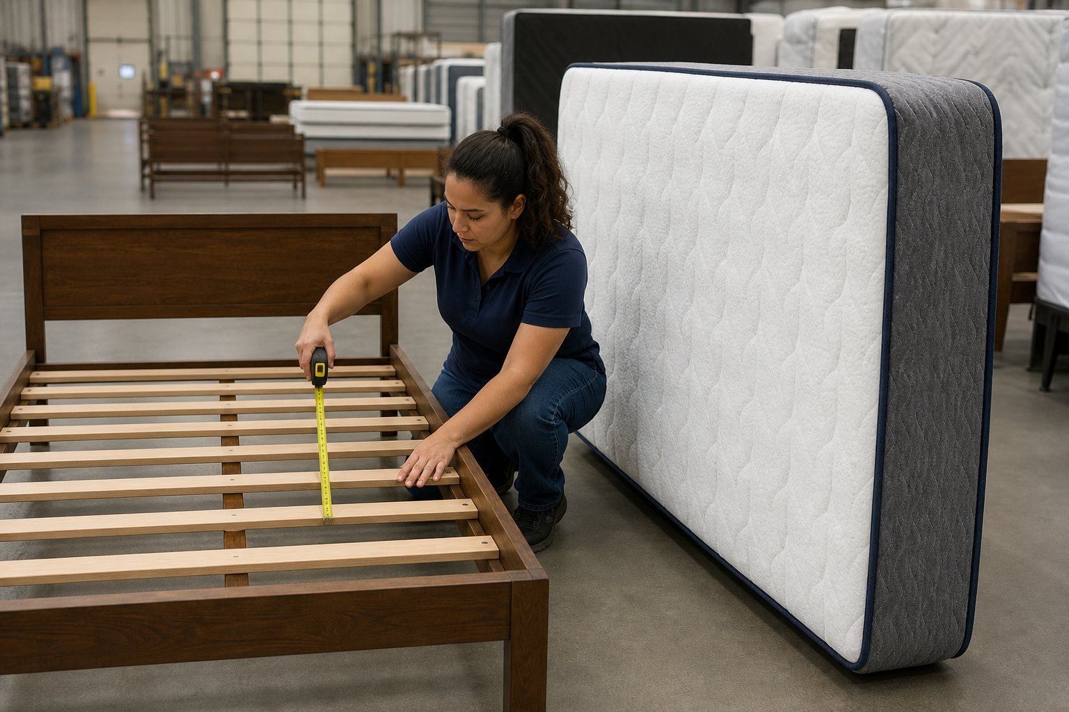 Staff measuring bed-frame slats beside a mattress