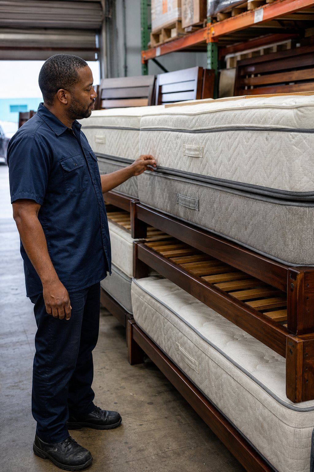 Jordan Hale inspecting stacked mattresses and wooden bed frames in the Haven warehouse