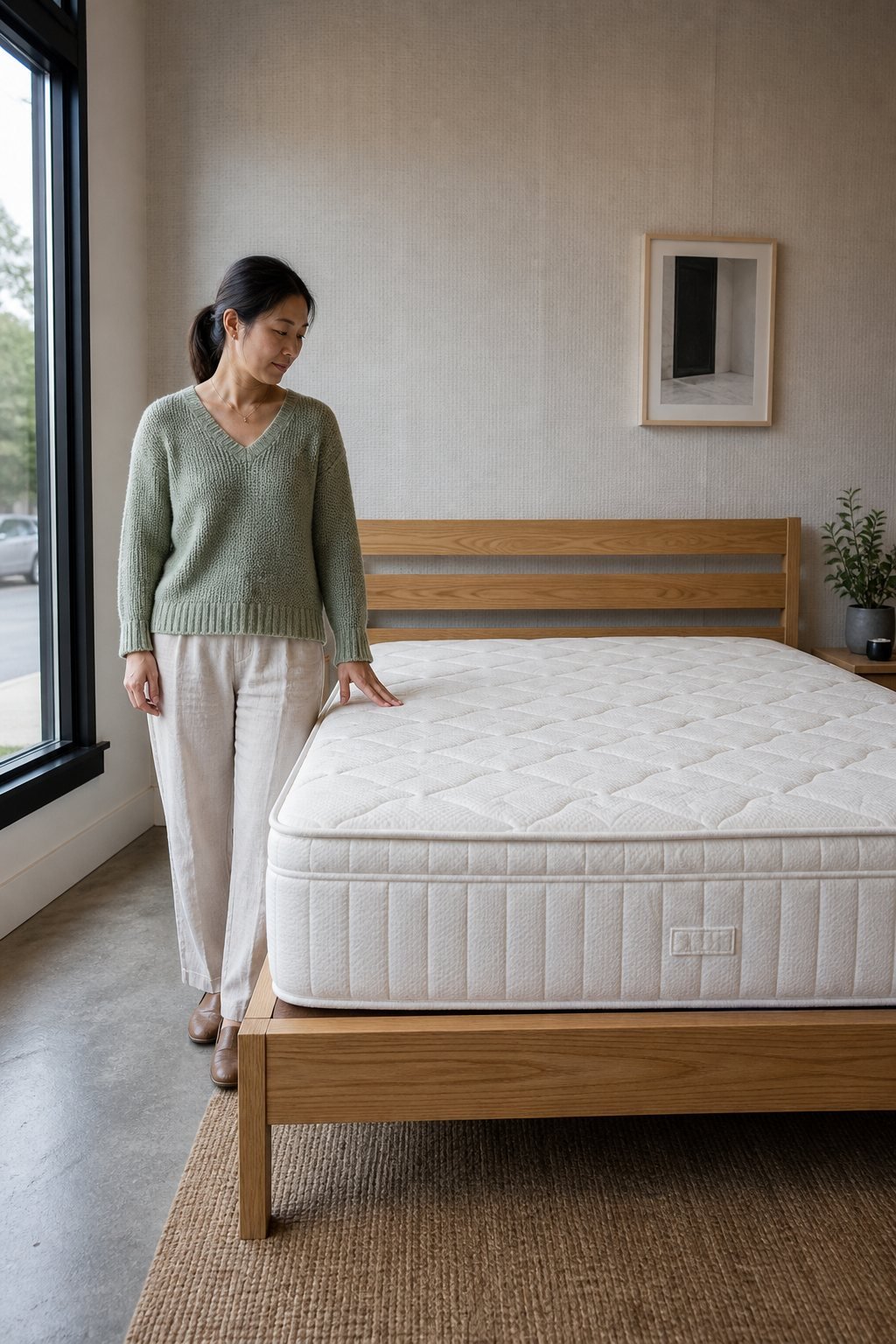 Sam Chen beside a queen mattress on an oak platform frame in the Haven showroom