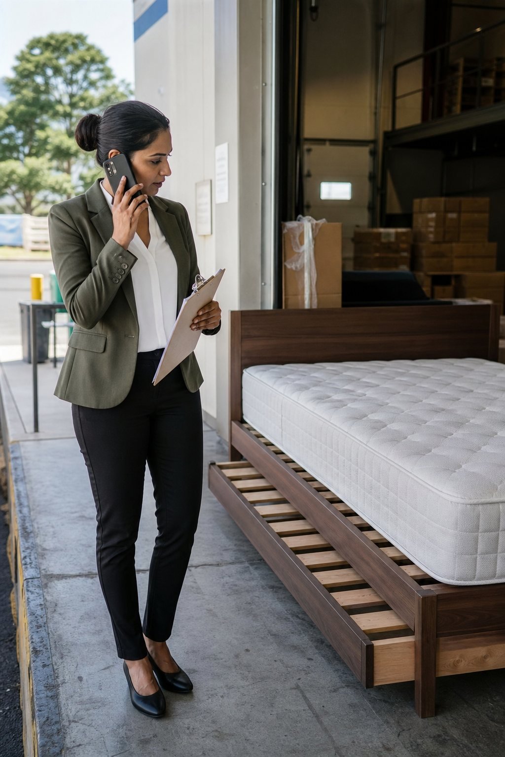 Priya Shah coordinating a mattress on a platform frame at the loading dock