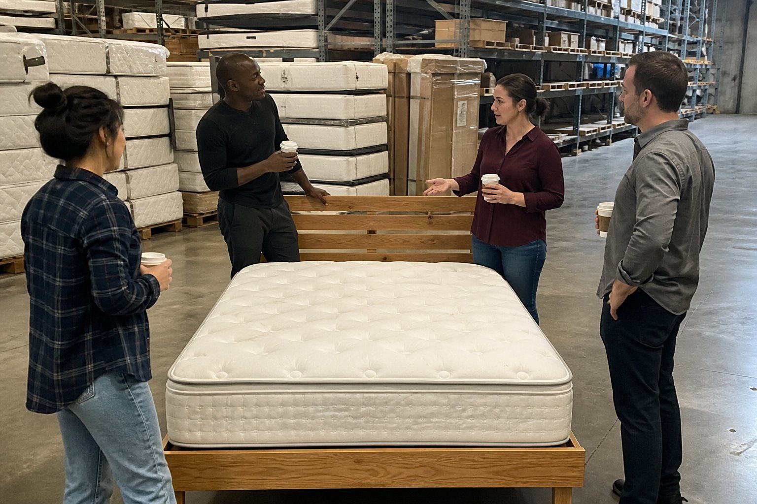 Haven team with a mattress on a platform