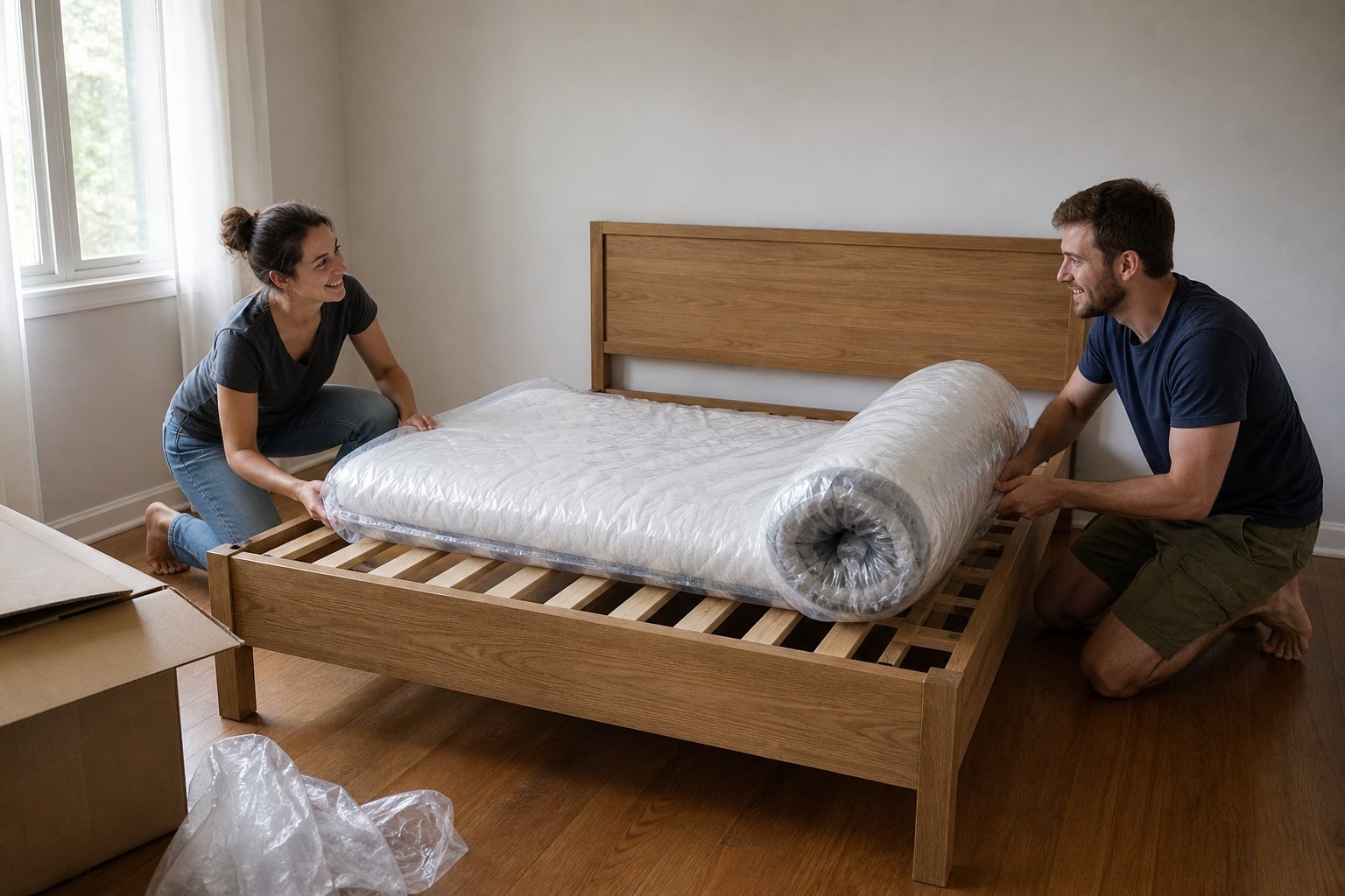 Couple unrolling a queen mattress onto a wooden platform bed frame